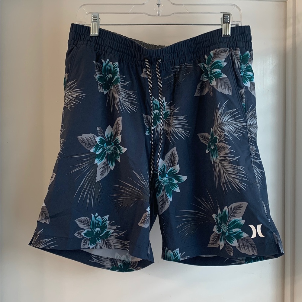 Hurley Men’s Floral Shorts Charcoal Gray Size L Casual Surf Beach Lightweight